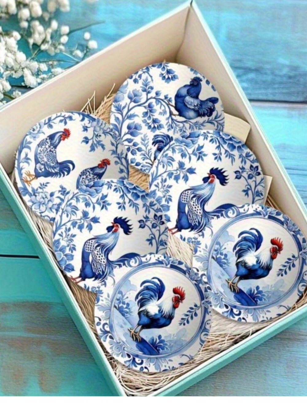 Wood Rooster Coasters in Blue & White Chinoiserie Style 6pcs Cottagecore - Picture 1 of 6